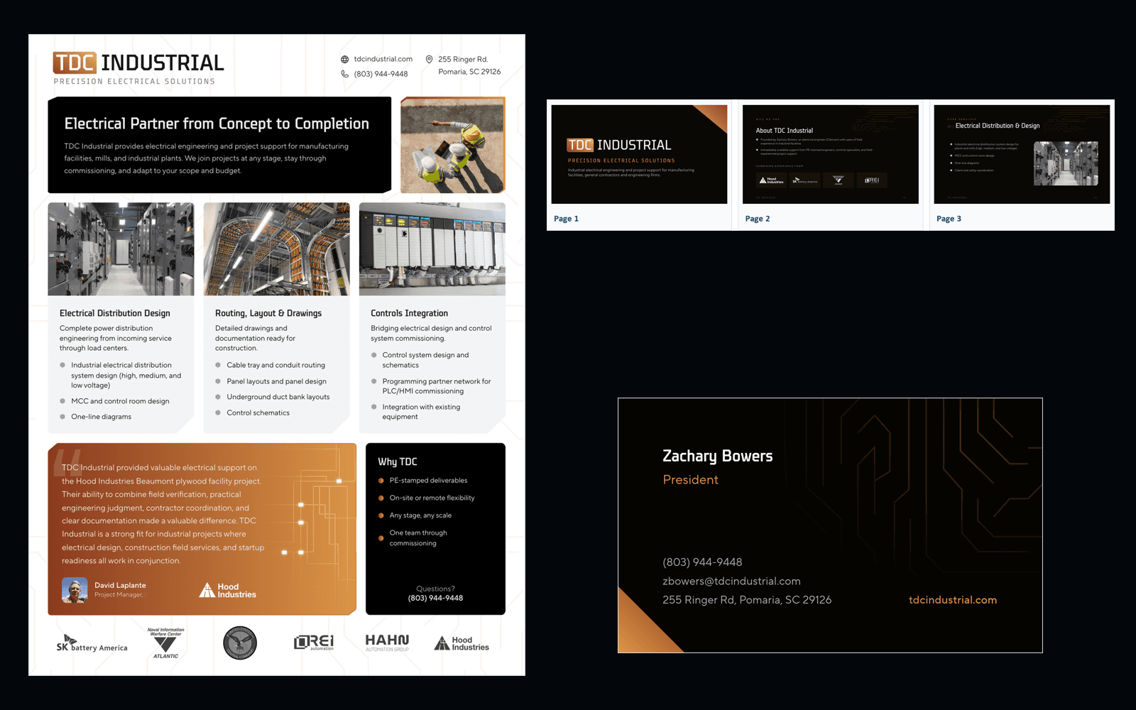 TDC Industrial services flyer, sales deck pages, and business card sharing one visual identity